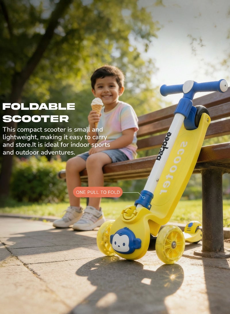 بيبي سكوتر مونكي للأطفال | سكوتر بثلاث عجلات للأطفال بثلاثة ارتفاعات قابلة للتعديل، مزود بإضاءة LED وموسيقى | سكوترات تزلج تتحمل وزنًا يصل إلى 50 كجم | سكوترات جري للأطفال من عمر سنتين إلى 10 سنوات، لون أصفر - Image 5